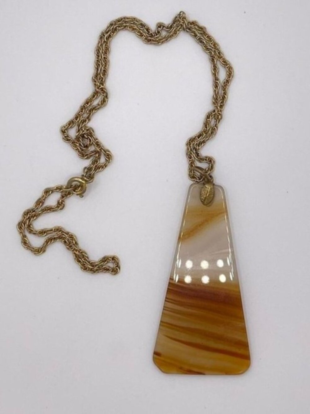 VTG 70s Boho Banded Agate Pendant Necklace Gold Tone Retro Cottagecore Earthy